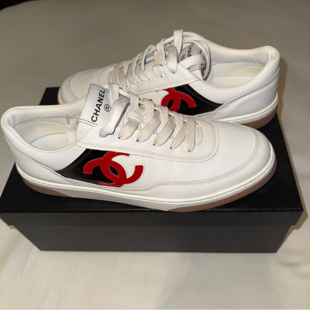 CHANEL 24S Red and Black Patent Leather Sneakers 42